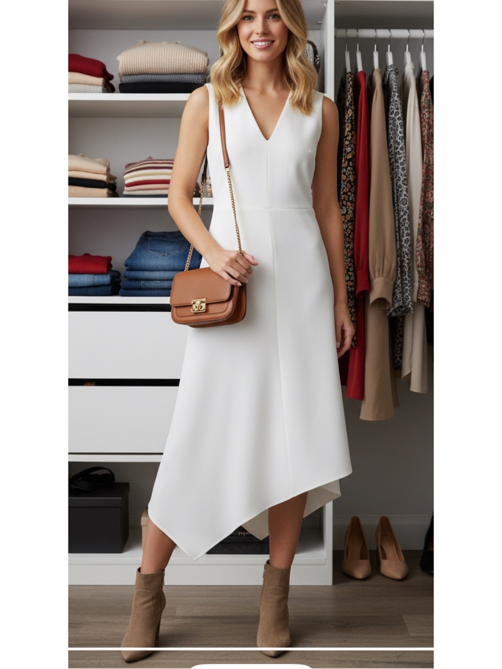 COS White Sleeveless V-Neck Asymmetric Midi Dress